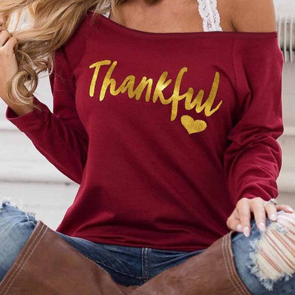 LAST ONE! Off Shoulder Thanksgiving Thankful Shirt - Picture 3 of 6